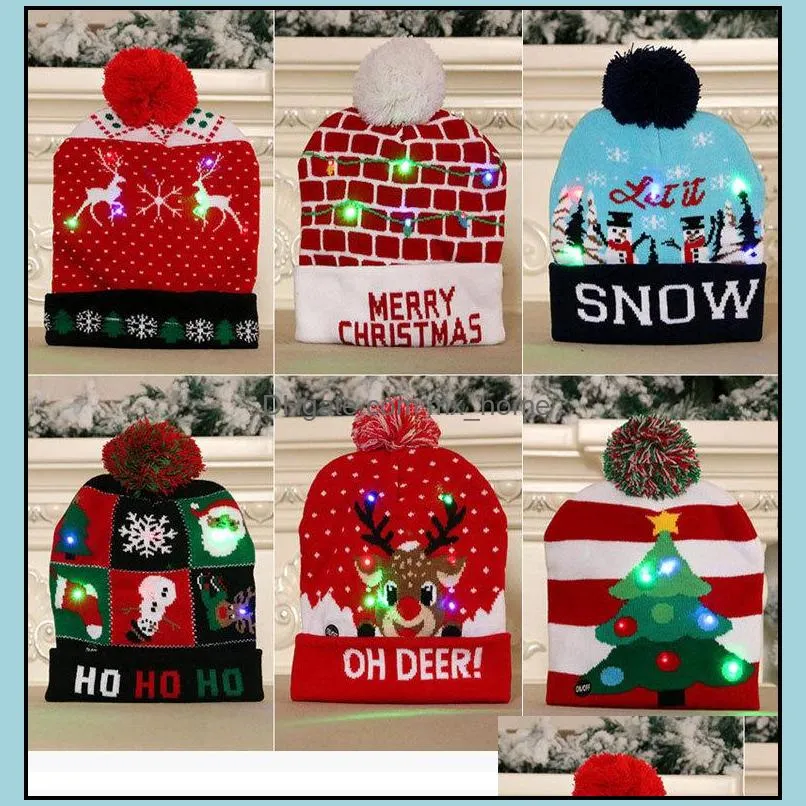 Christmas Hats Sweater Santa Elk Knitted Beanie Hat With LED Light Up Cartoon Patteren Christmas Gift For Kids New Year Supplies