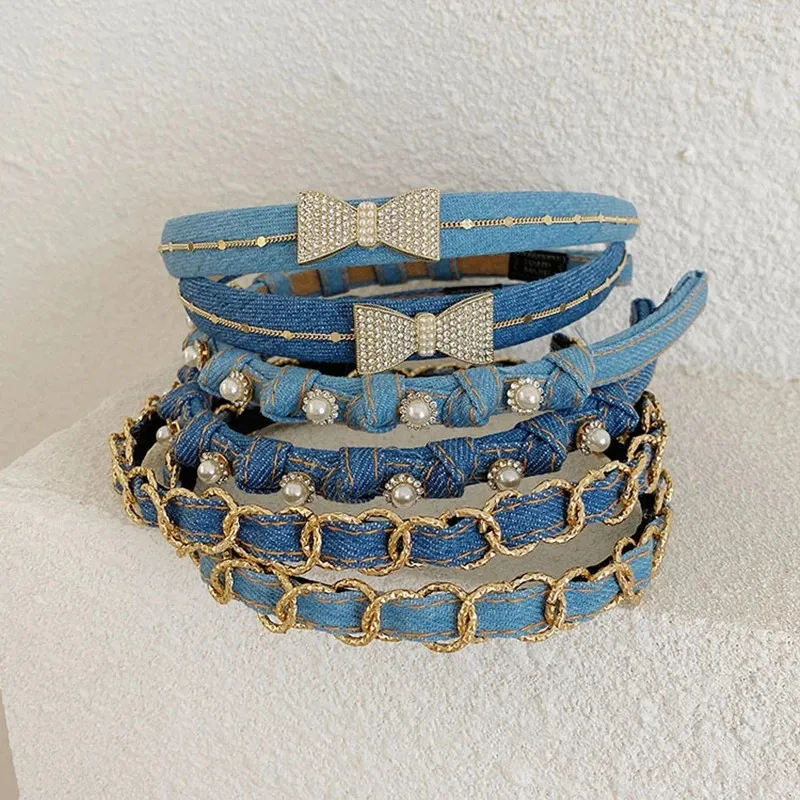 Denim-Stoff, diamantbesetztes Schmetterlings-Stirnband, modischer Haarschmuck für Frauen, trendiges blaues Haarband, Mädchen-Haarband, Kopfbedeckung