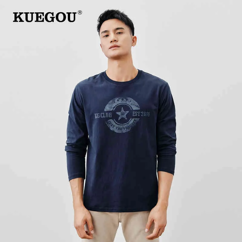 Kuegou 2022 Spring 100% Cotton Print Blue T Shirt Men Tshirt Märke T-shirt Långärmad Tee Shirt Male Plus Size Clothing 88095 T220808