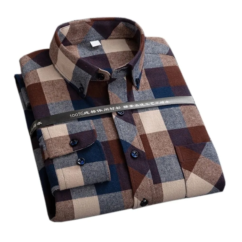 Plaid shirts för manlig plus storlek fritid mens 100% bomull vinter varm flanell avslappnad rutig över skjorta långärmad 220323
