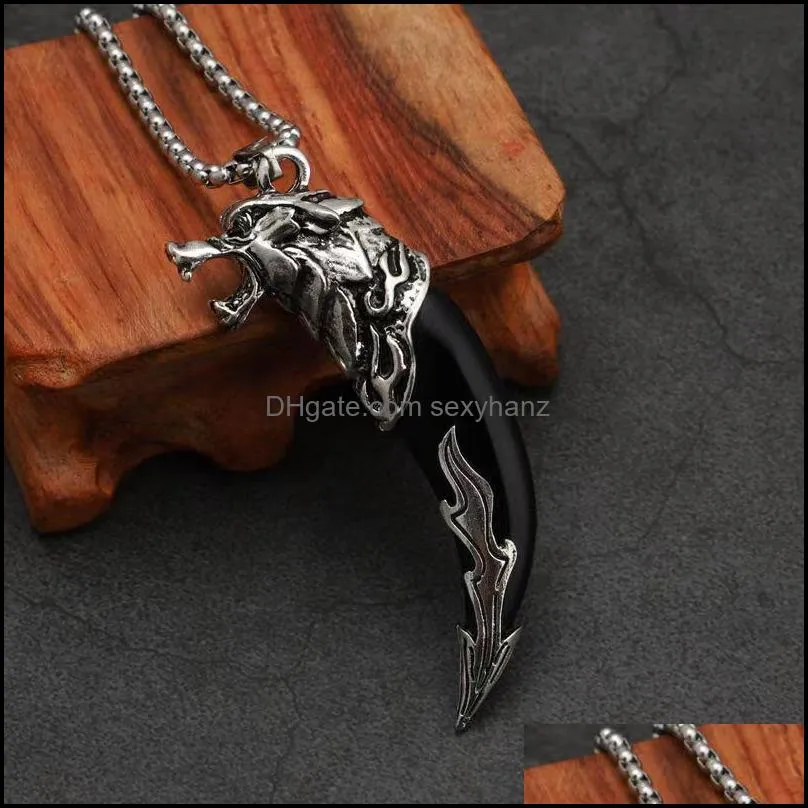 halloween gift wolf tooth men`s pendant necklaces lucky jewelry classic wolf`s head amulet punk leather rope fashion necklace