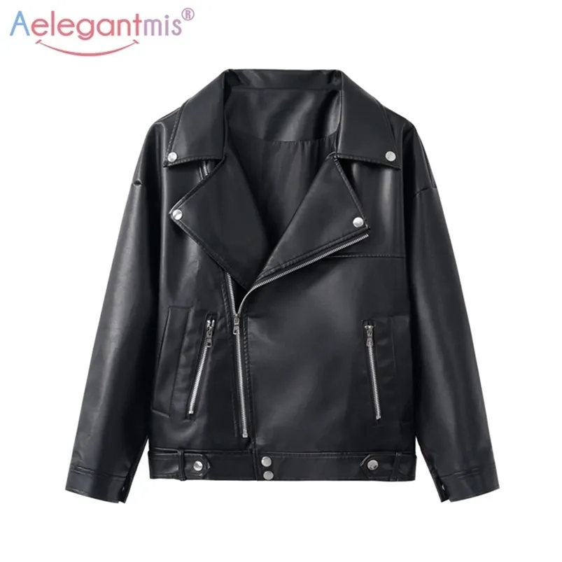 Aelegantmis Ny Loose Pu Faux Leather Jacket Women Classic Moto Biker Jacket Spring Autumn Lady Basic Coat Plus Size Ytterkläder LJ200825