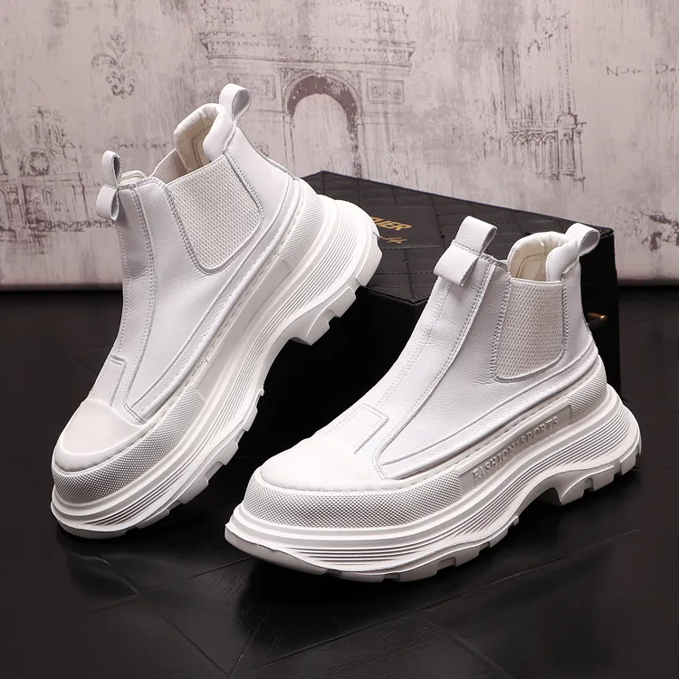 Men`s Fashion Leather Boots Autumn New Thick-soled Lightweight High Boots High-top Trend Casual White  loafers