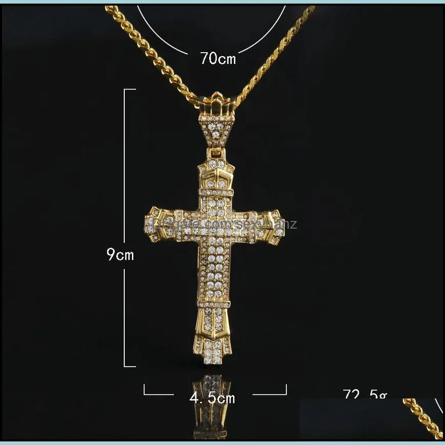 New Retro Chram Cross Pendant Necklaces with Diamond Women Men`s Hip Hop Necklace with Long Cuban Chain Silver and Gold colors