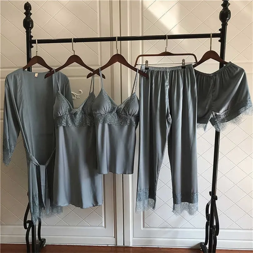 Mechcitiz 5 sztuk jedwabnych piżamów Zestawy Kobiety satynowe sutowe szaty spodnie jesień pijamas Bathobe seksowna bielizna koronkowa zimowa piżama 210713