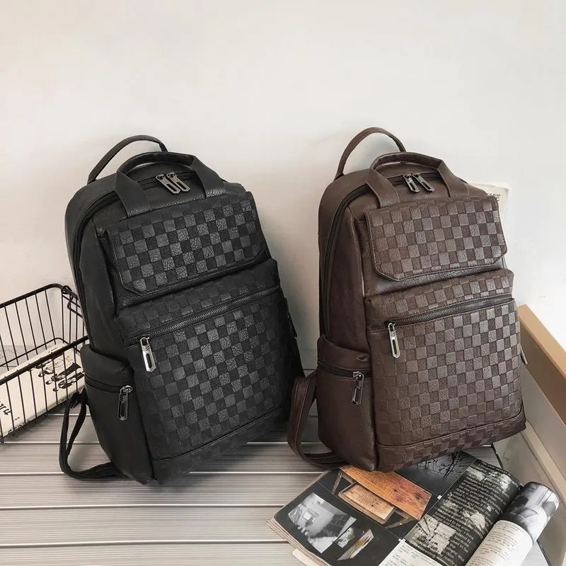 Mochila Tendência de Couro PU Lazer Portátil Business Computer Bag Fashion Plaid High School Bags Para Homens E MulheresMochila