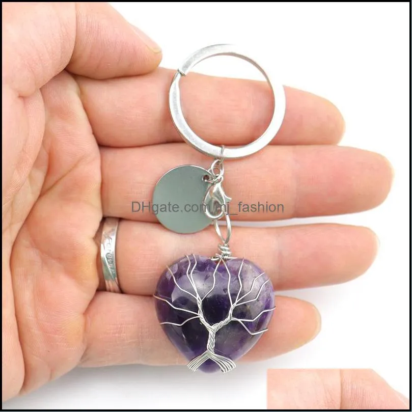 handmade tree of life key rings heart natural stone healing crystal quartz keychain keys chain key rin mjfashion