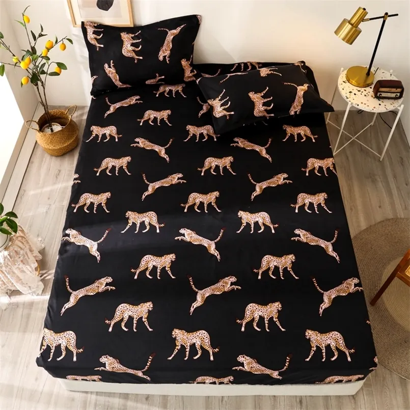Bonenjoy 3 pcs Bed Sheet on Elastic Leopard Black Color s Single/Queen/King draps de lit Fitted 220514