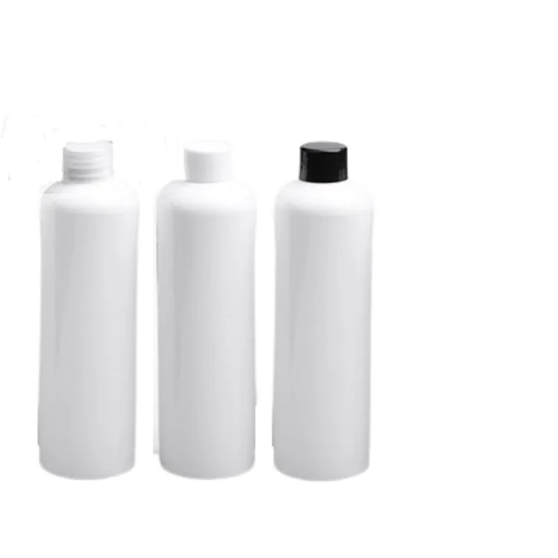 Imballaggio vuoto Bottiglia di plastica Spalla tonda PET Nero Bianco Coperchio a vite trasparente con tappo interno Contenitore per imballaggio cosmetico portatile ricaricabile 350ml