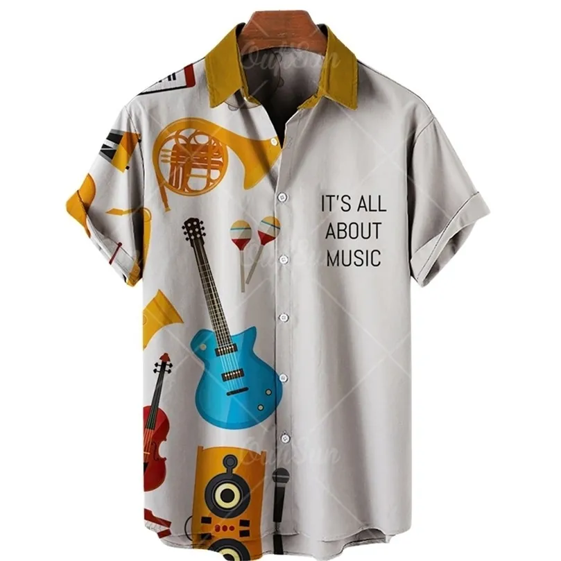 Estate Musica Chitarra Stripe Stampa 3D Camicie hawaiane da uomo Sciolto Hip Hop Manica corta Beach Rock Camicie Abbigliamento uomo oversize 220607
