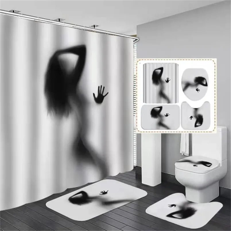 Nackte Frauen Schatten Duschvorhang mit Haken Sexy Mädchen Badezimmer Set Rutschfester Teppich Toilettendeckel Pad Badematte für Heimdekoration 220517