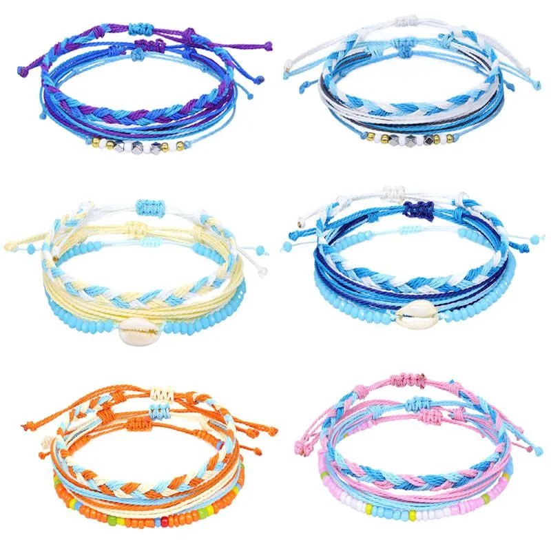 Bohemian Waterdichte Wax Touw Armbanden Set voor Vrouwen Meisjes Handgemaakte Kleurrijke Geweven Strand Shell Charm Armbanden Sieraden 3 stks