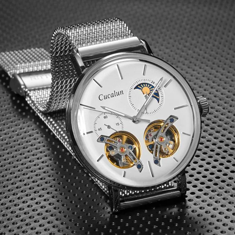 Wristwatches Double Tourbillon Watches For Men Automatic Mechanical Fashion 42MM Stainless Steel Moon Phase Watch CUCALUN 2022Wristwatches