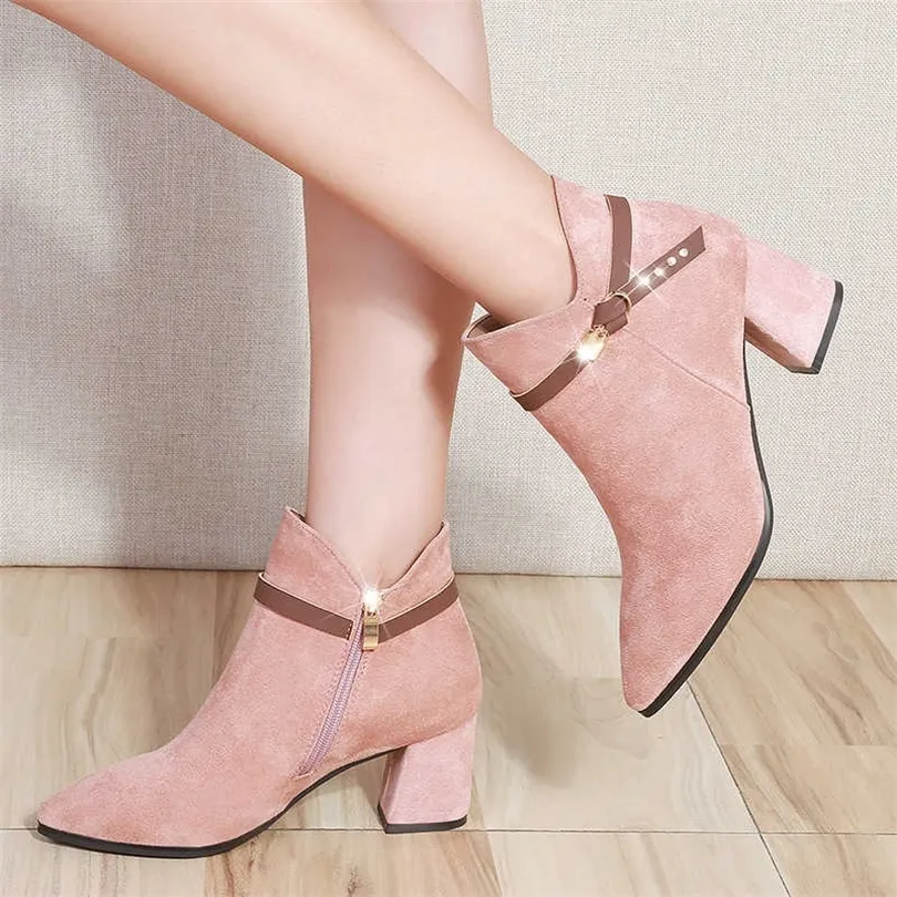Autumn Winter Shoes Women High Heels Boots Warm Shoes Women Ankle Boots Office Ladies Square Heel 6cm Black Pink A1855 210911