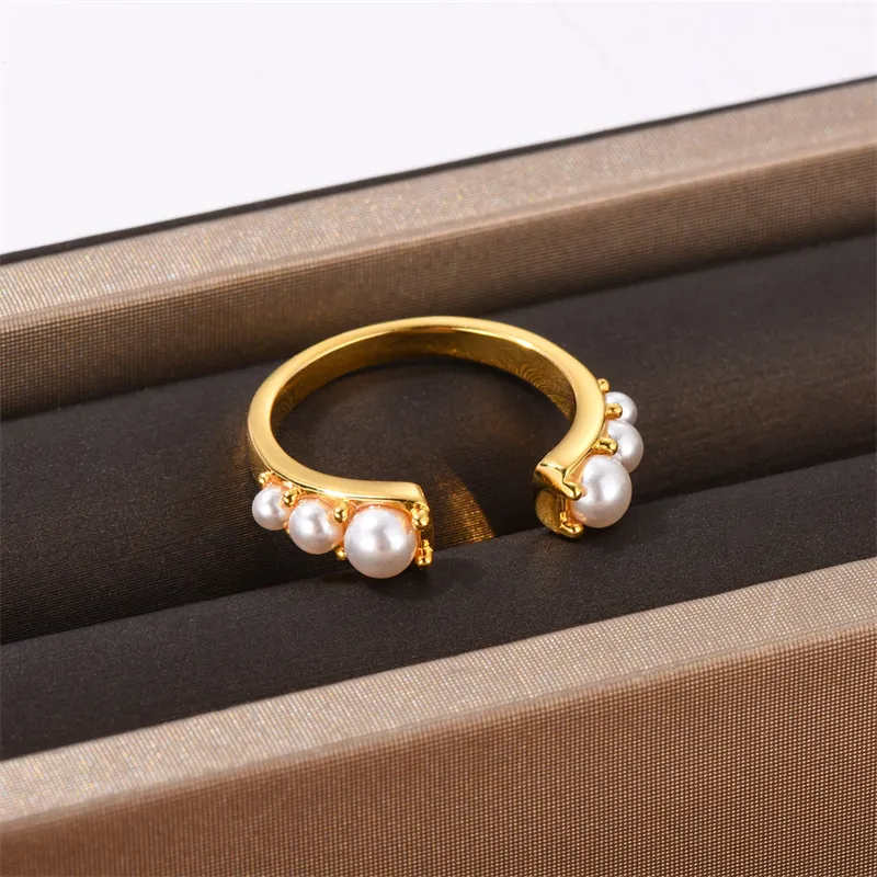 Blogger Co-Branded Dome Pearl Open Ring Female Ins Niche Simple Retro Gold-Plated Index Finger Fashion All-Match Jewelry Gilt