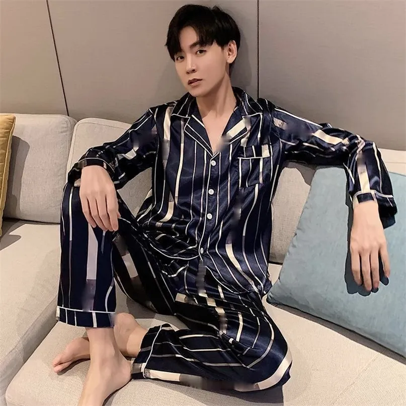 Men Comfortable Pyjamas 3XL 4XL 5XL Long Sleeve Casual Home Wear Spring Autumn Silk Boy Pajama s Leisure Sleepwear Set 220705