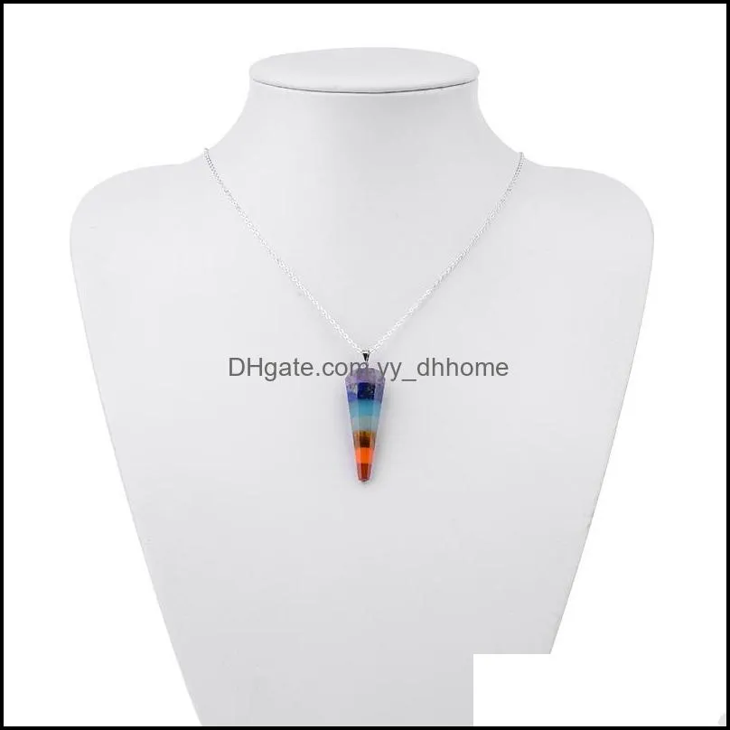Rainbow Chakra Stone Pendant Necklaces Natural Quartz Reiki Healing Crystal Jewelry Gift for Women Hexagonal Prism Pendulum Charms 638
