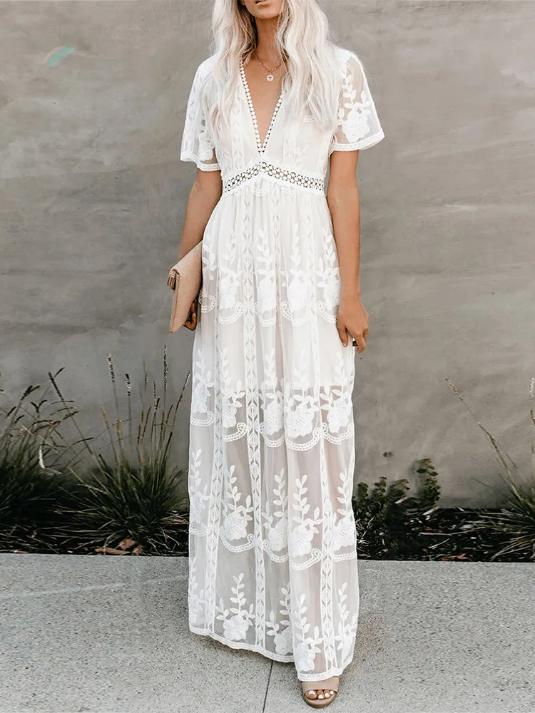 2022 Summer Boho Women Maxi Dress Loose Embroidery White Lace long Tunic Beach Dress Vacation Holiday Women's Casual Clothing