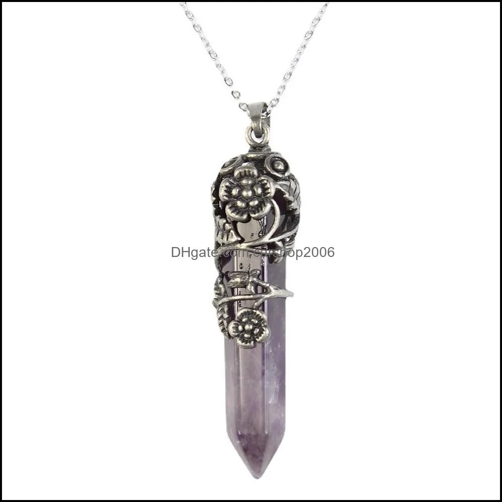 retro natural healing stone crystal pendulum necklace pink rose quartz chakras hexagon prism leaf flower pendant for gift jewelry