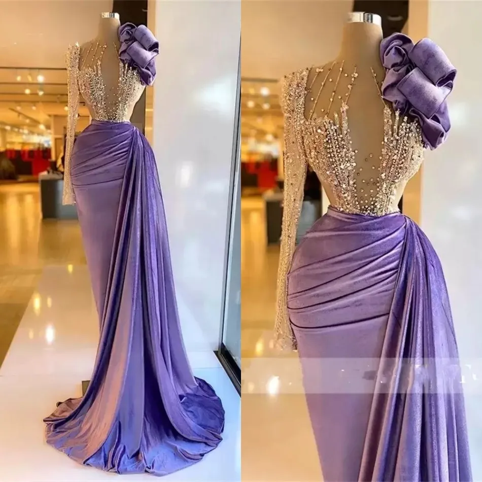 2022 Purple Velvet One Shoulder Prom Evening Dresses Beaded Ruffles ...