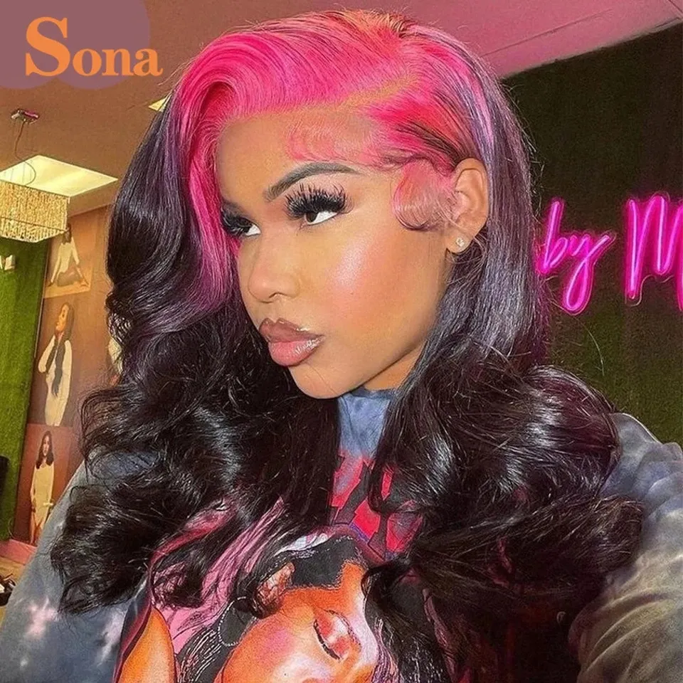 Highlight Rosa Body Wave Peruk Förplockad 13X4 Syntetisk spets Fram Ombre Färg Transparent Cosplay Peruk För Svarta Kvinnor