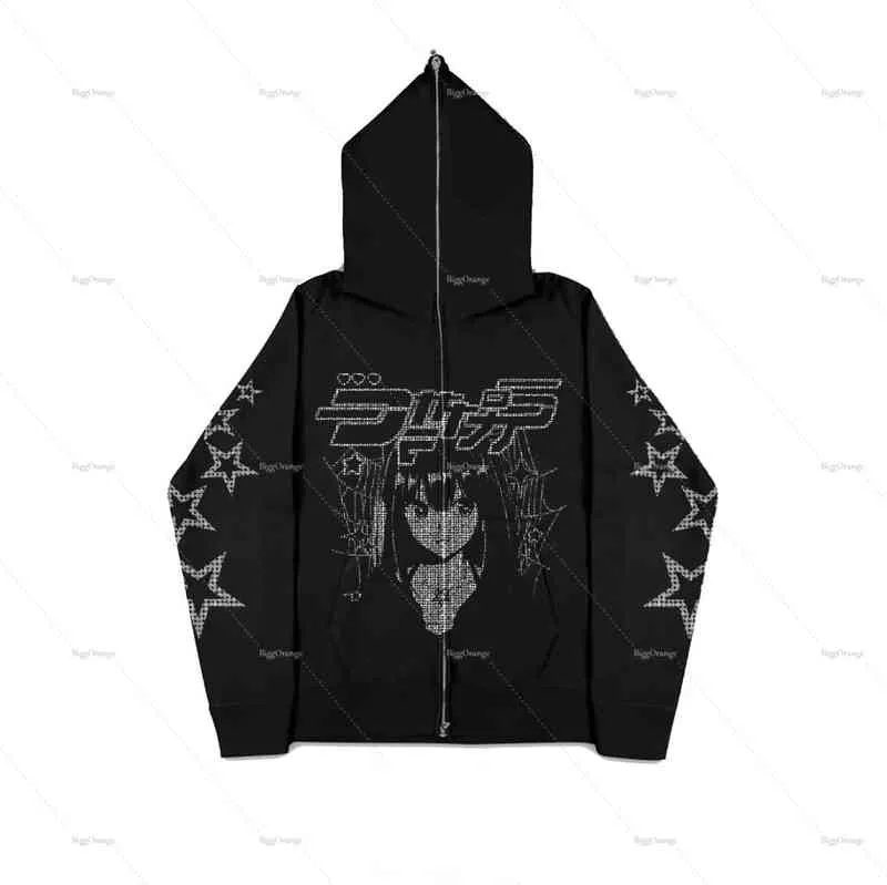 Anime Postacie Rhinestone Hoodie Męska kurtka retro damska streetwear gotyc