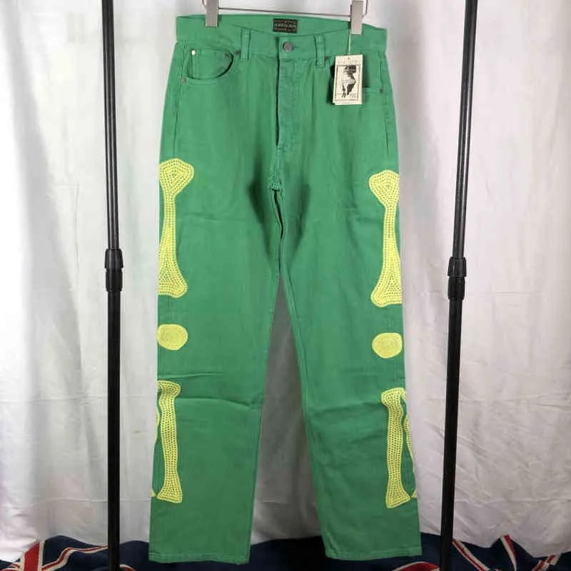 Bone Embroidery KAPITAL Jeans Men Women Green Gray Denim Pants Oversize KAPITAL Cargo Jeans T220803