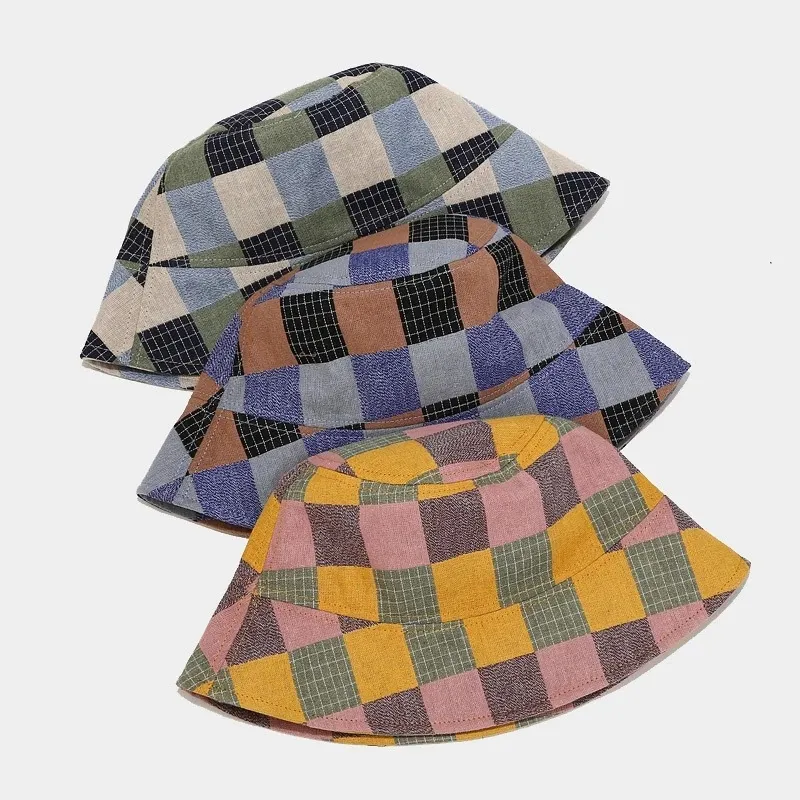 New Summer Plaid Bucket Hat for Women Girls Outdoor Sports Adjustable Fisherman Cap Unisex Man Foldable Beach Bob Panama Hat