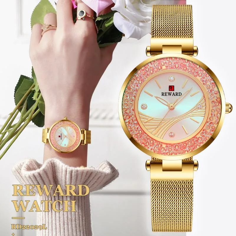 腕時計の豪華なゴールドレディースウォッチ2022ジャペンクォーツムーブメントダイヤモンドクリスタルレディースレイバーカラーチェンジガラスwristwat