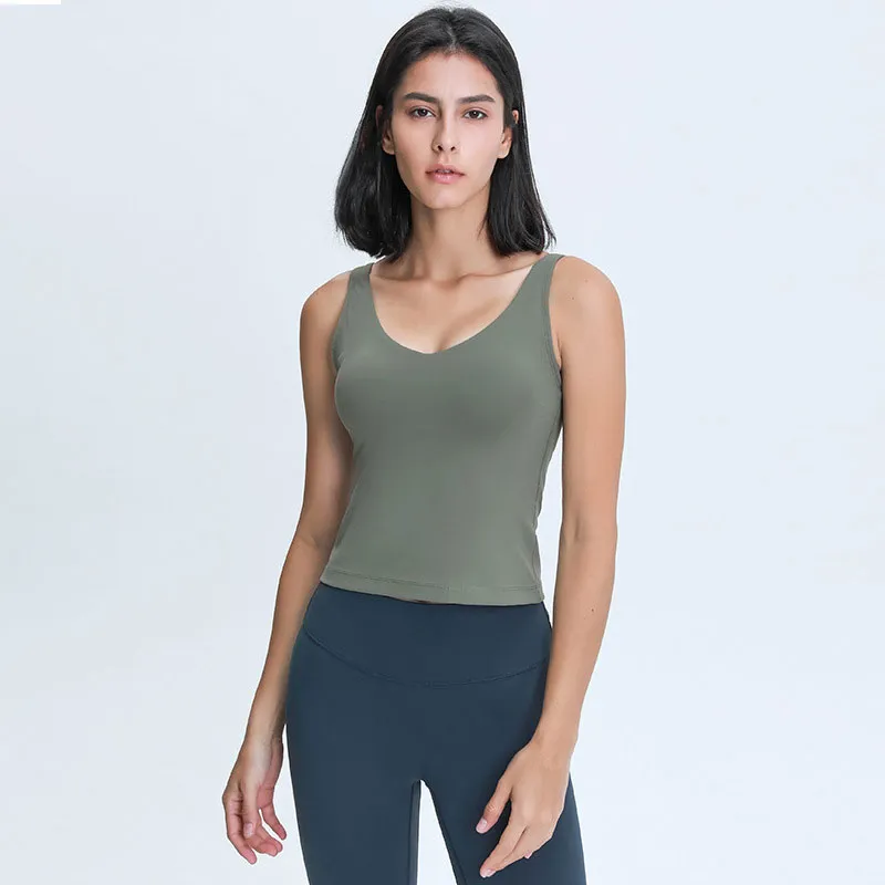 Slanke fit tanktops met verwijderbare cups yoga bh t-shirt trainingen fitness sweatshirt sexy lange lengte vest ademende top v nek sportbeha's vrouwen shirts l039