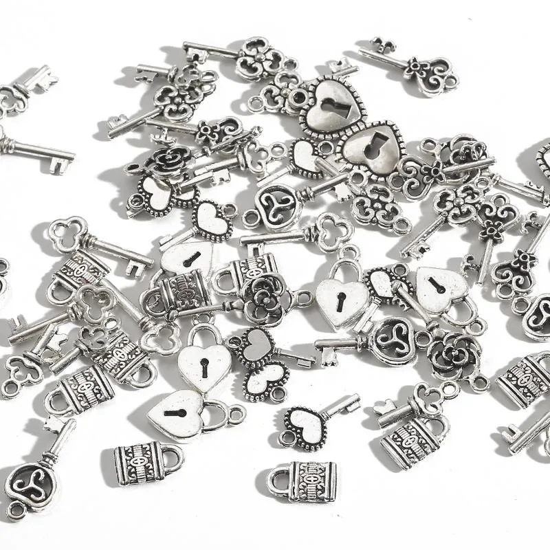 Charms 20/30pcs Tibetan Silver Plated Lock Key Couple Love Pendants For Diy Hip Hop Necklace Bracelet Jewelry Makings WholesaleCharms