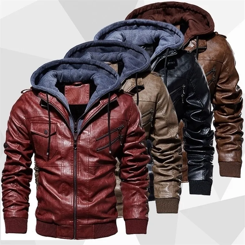 Men's Leather Jacket Autumn Winter Hooded Fur Lined Coat Man Thick Bomber Jacket With Hood Plus Size Vintage Coat Men Jackets 201127