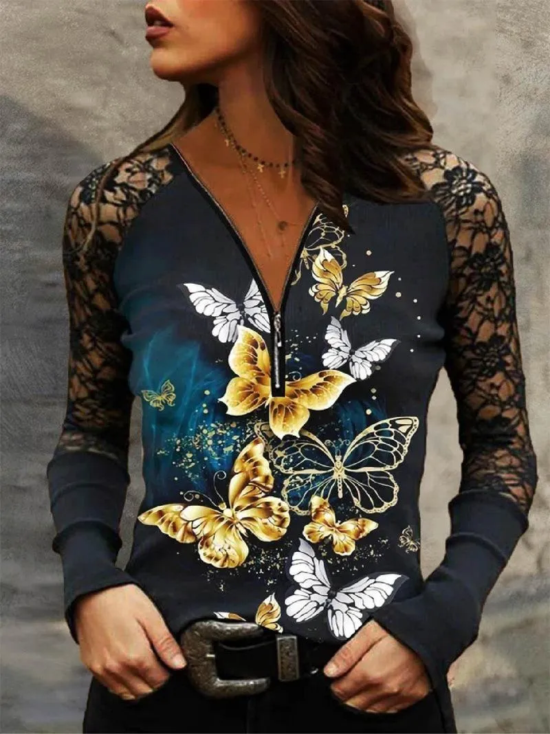 Women's T-Shirt Women's Fashion Butterfly Print Stitching Lace Long-sleeved Loose Pullover Tops Spring Sexy V-neck Zipper T-shirtWomen's