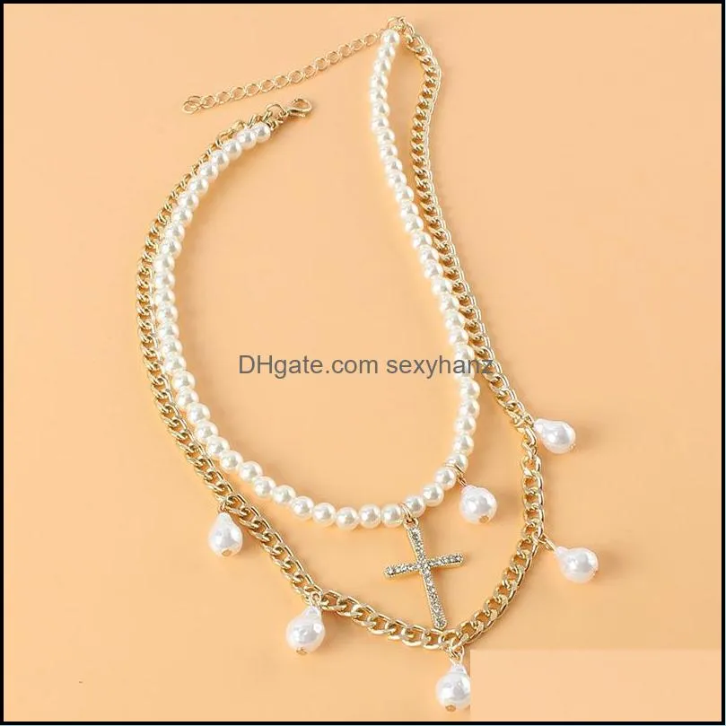 Retro Cross Pendant Necklaces Fashion Designer Imitation Pearl Necklace Personality Mix And Match Handmade Clavicle-Chain Multi-Layer Party Neck Jewelry