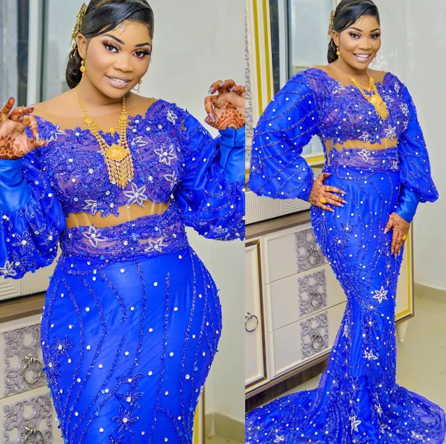 2022 plus size arabic aso ebi azul real vestidos de baile luxuosos de cristais de miçangas noturno festas formais segunda recepção de aniversário vestidos de noivado ZJ229