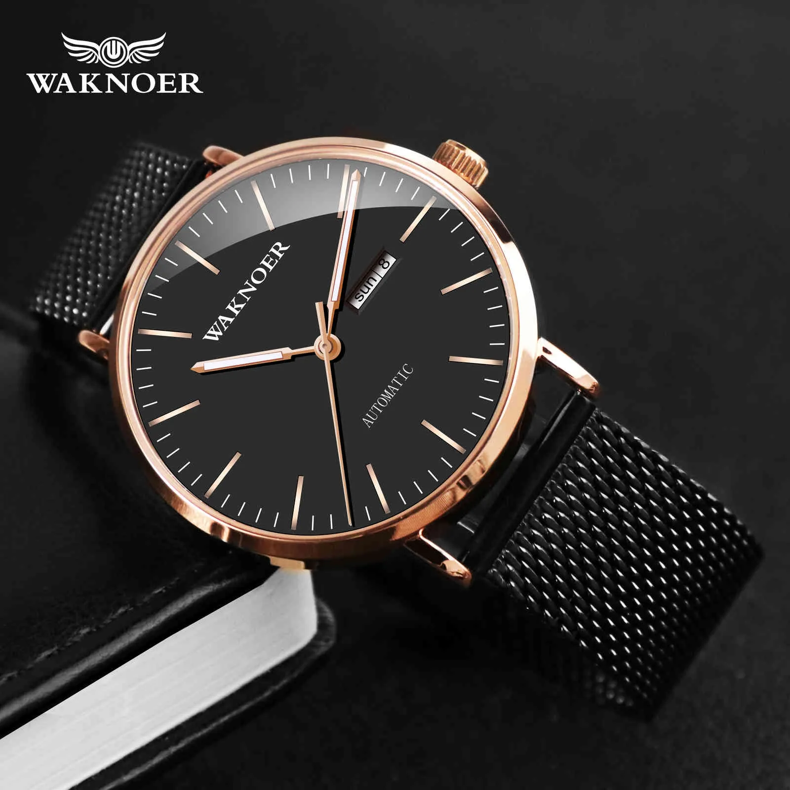 Montres mécaniques simples New Waknoer Montre en or rose romantique pour hommes Masculino Relogio Montre-bracelet à date de haute qualité reloj hombre