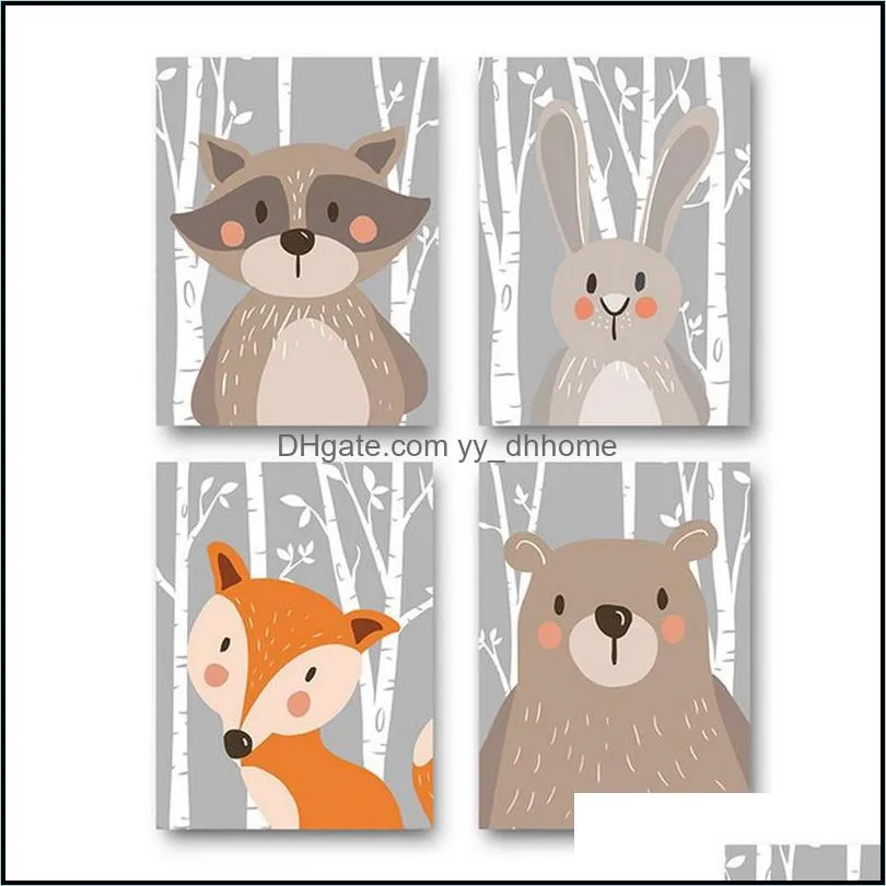 cartoon animal paintings children room cute bear fox rabbit raccoon decoration paints living room poster party decor no frame dbc