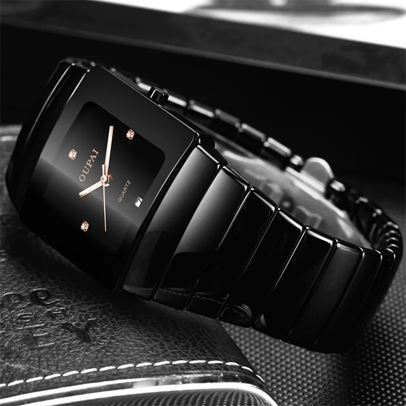 OUPAI Classic Black Tonneau Ceramic Kijk Nieuw mode Squre Quartz Kijk mannen waterdicht met kalender Luminous Black Sport Watch T200409