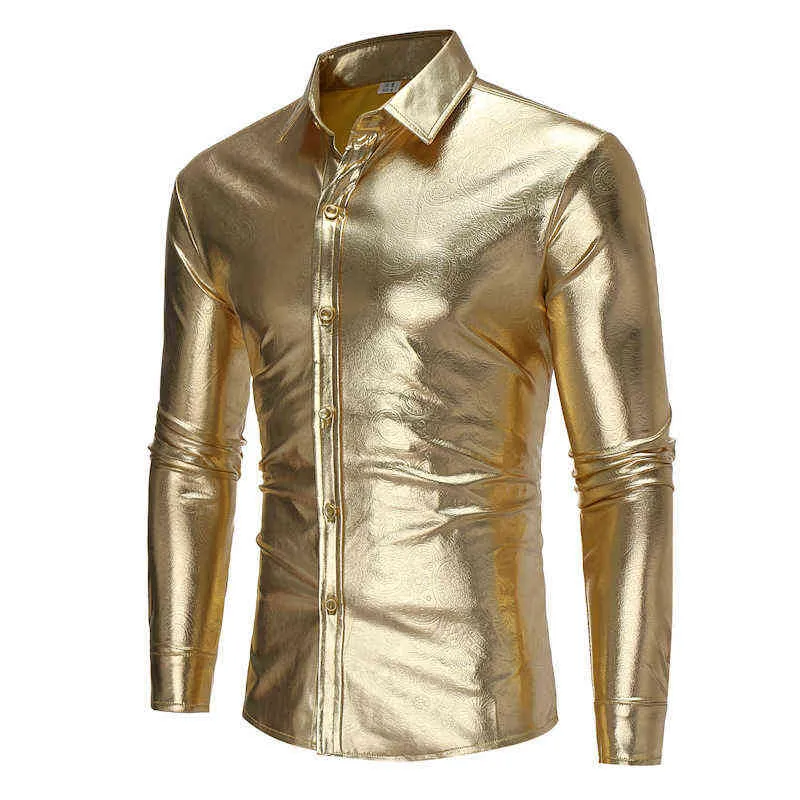 Mens Shiny Gold Paisley Dress Shirts Nightclub Shirt Men Slim Fit Long Sleeve Chemise Homme Party Wedding Stage Singer Clothes L220704