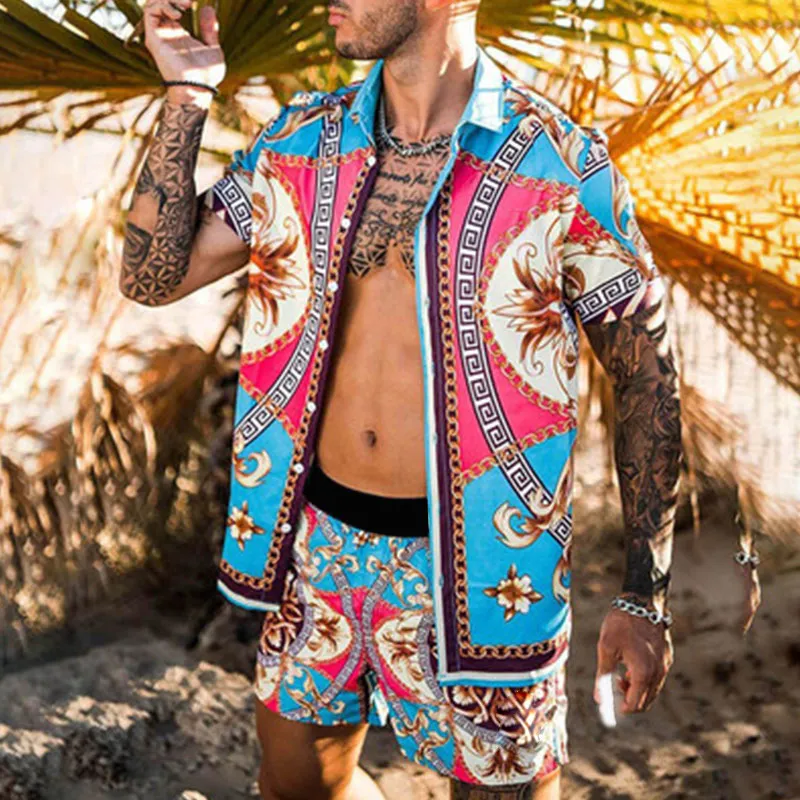 Мужские спортивные костюмы, соответствующие плавкам, рубашкам, онлайн-продаже, гавайский мужской комплект с принтом, короткий повседневный пляжный костюм из двух частей, гавайская рубашка и короткая сумма