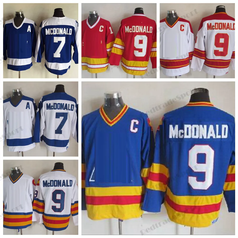 MI08 MENS 1980 Lanny McDonald Hockey Tröjor #7 #9 Blue Vintage Red Stitched Shirts C Patch