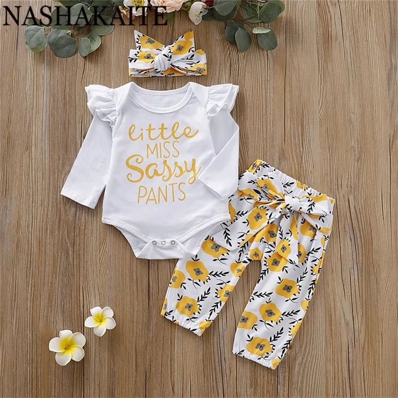 NASHAKAITE Born Baby Clothes Set Yellow Floral Letter Long Sleeve Baby Romper Bowknot Pants Headband Baby Girl Clothes LJ201223