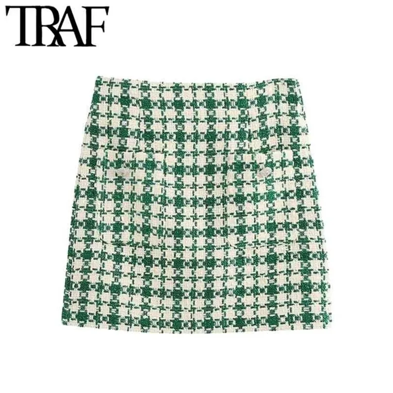 TRAF Mulheres moda com bolsos Tweed Mini saia vintage Canda alta zíper das saias femininas Mujer 210331