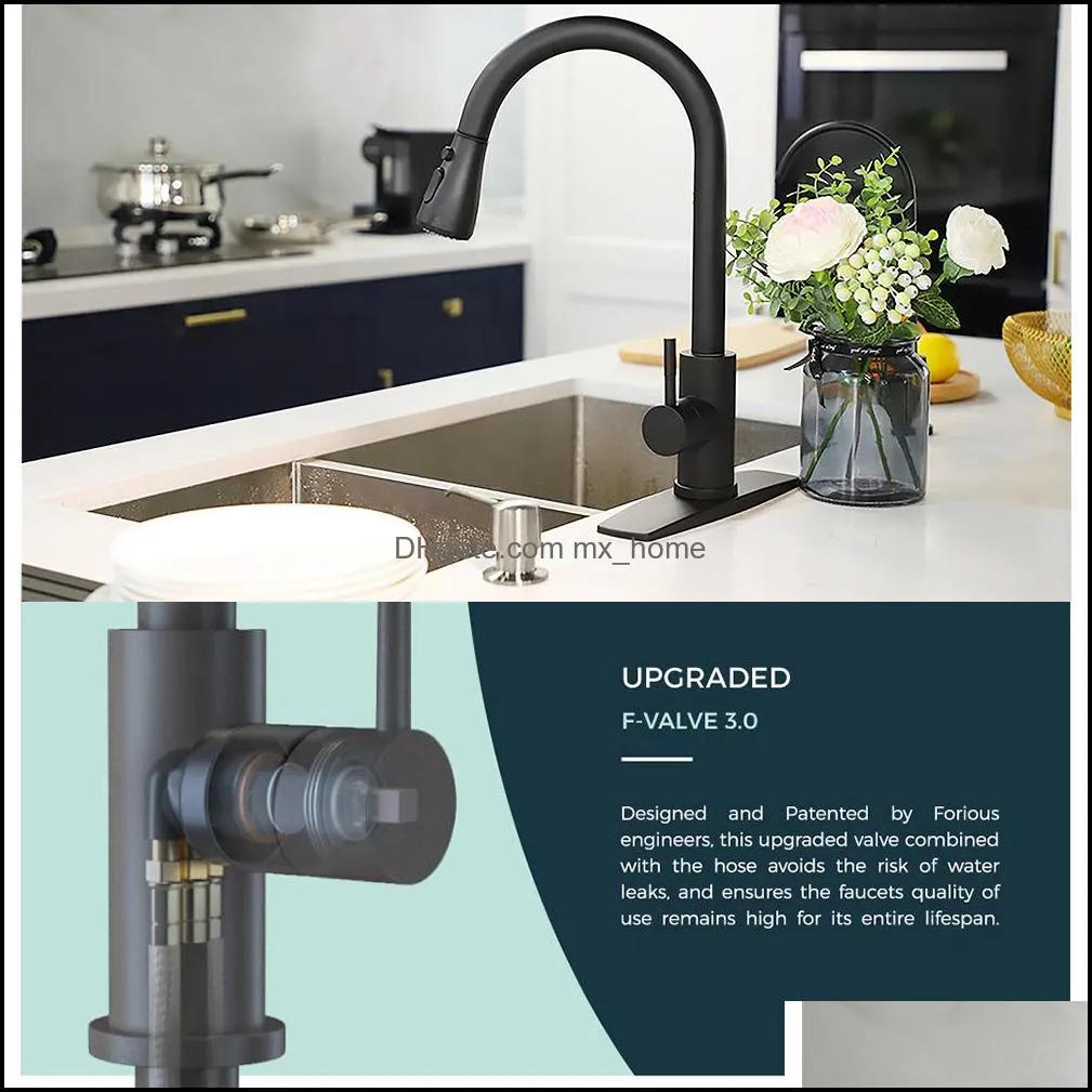 Matte Black Finish Kitchen Sink Faucet Pull Out Sprayer Deck Mount Mixer Tap Swivel Spout Water