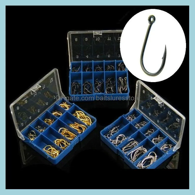 100pcs/1box Black/Silver/Gold Ise Hook High Carbon Steel With Hole Barbed Hooks Fishing Hooks Fishhooks 3#-12# Blue Box