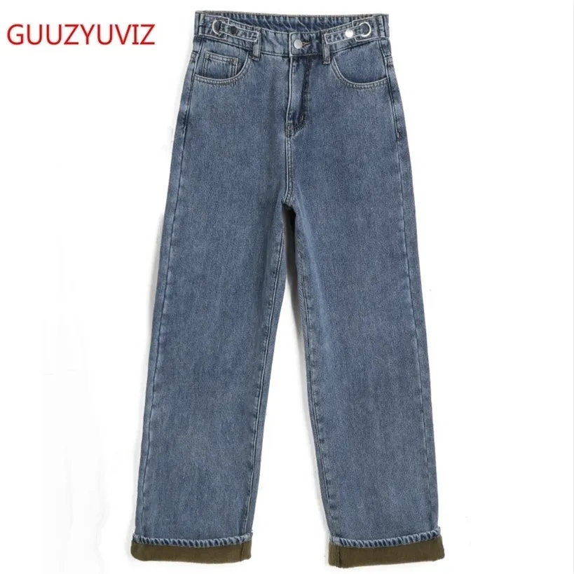 Guzyzyuviz Szeroki Dżinsy Noga Kobieta Wysoka Talia Plus Size Dżinsowe Spodnie Loose Casual Grube Velvet Vintage Boyfriend Spodnie 220330