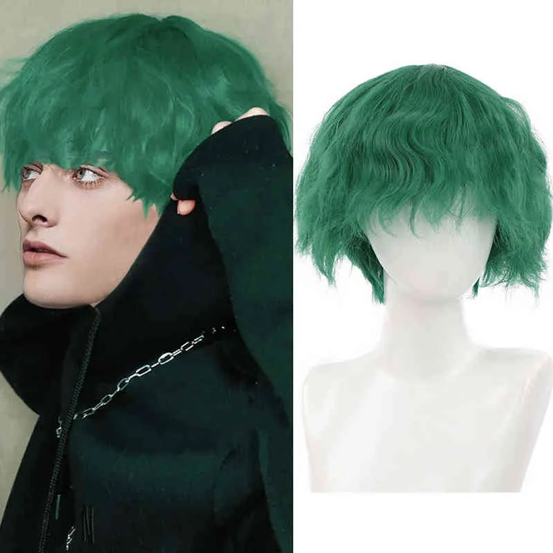 Synthetic Short Curly Wigs for Men Boys Dark Green Hair Machine Made Heat Resistant Daily Party Anime Cosplay Wig 220622