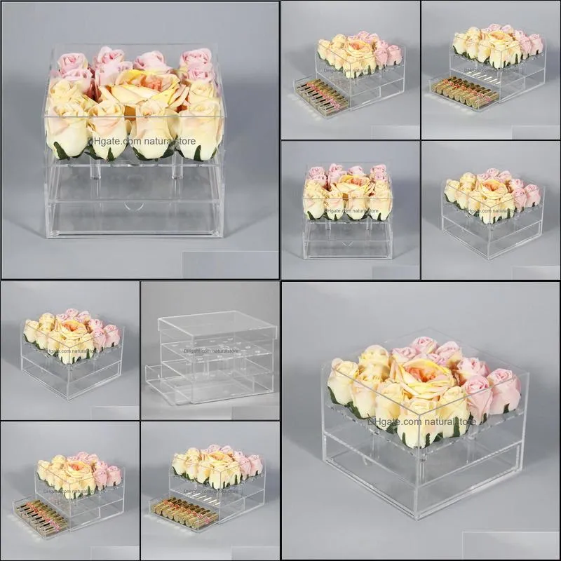 New Clear Acrylic Rose Flower Box With Drawer Makeup Organizer Valentine`s Day Wedding Gift Flower Drawer Box With Cover Wholesale