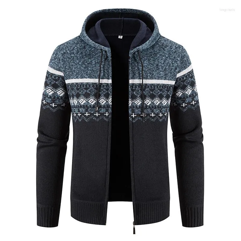 Men's Sweaters Winter Fleece Men Sweater Cardigan Hooded Knitted Print Sweatercoat Mens Casual Warm Zipper MenMen's