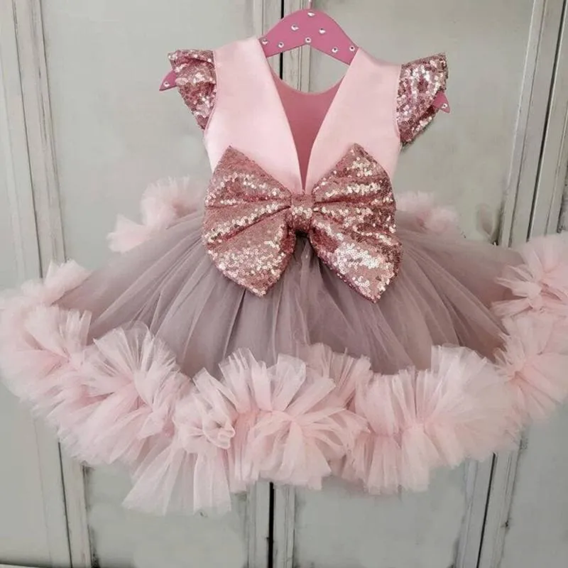 Flickans klänningar rosa blommorflickaklänning 2022 paljett båge prinsessor bollklänningar puffy tyll första nattvards kjolar o-hals barn bröllop fest dres